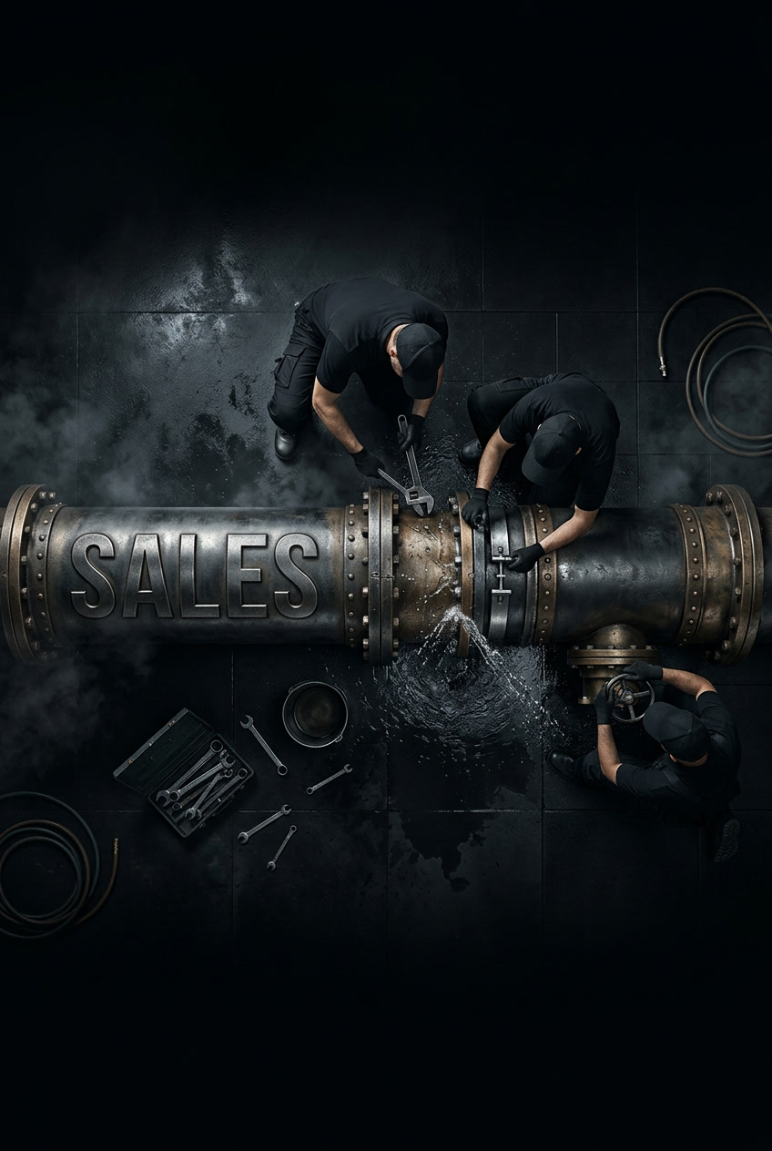 Overhead industrial scene illustrating a business pipeline being repaired